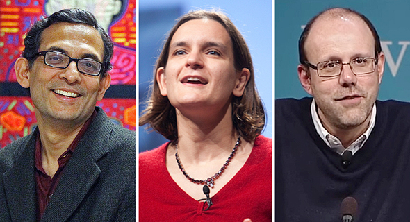 מימין: מיכאל קרמר, אסתר דופלו, אבהיג׳יט באנרג׳י, זוכי פרס נובל לכלכלה 2019